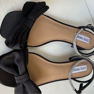 Steve Madden Black Satin Bow Sandals with Rhinestone Ankle Straps